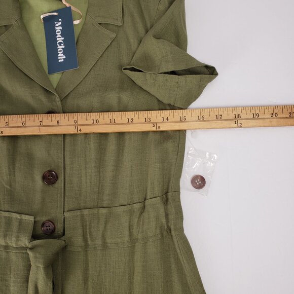 ModCloth XXS Dress Olive Green Linen Pockets Button Shirt Belt Tie Khaki NWT - Picture 14 of 15